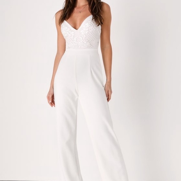 Lulu’s Memorable Occasion White Beaded Sequin Wide-Leg Jumpsuit - Women’s M - Picture 8 of 11